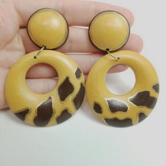 Vintage Tan and Brown Dangle Doorknocker Style Stud Earrings, Retro Estate - Picture 5 of 6